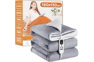 ‎MIA&COCO Heizdecke mit Abschaltautomatik, 130x180cm 10 Heizstufen 1~9 Stunden Auto-Off-Timer Überhitzungsschutz, Elektrische Wärmedecke Bett Wärme Decke ETL für Home & Office Schnelle Flanell Waschbar Grau