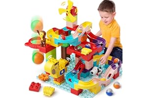 burgkidz Pista di Biglie con figure di animali e tiro alla palla, 88 pezzi di piste di marmo per bambini, giocattoli da costruzione, set di mattoncini, regalo educativo per 3+ anni ragazzi e ragazze