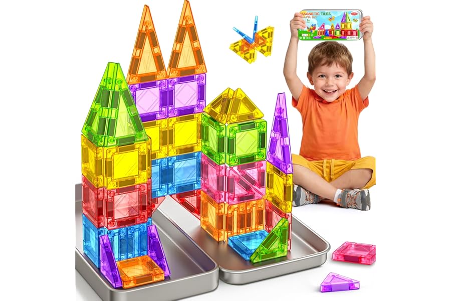 Mini Magnetic Tiles for Kids Travel 42PCS Magnetic Building Blocks with Iron Box, Portable On-The-Go Magnet Travel Toys for 3+ Year Old Boys Girls Toddlers Preschool Learning Christmas Birthday Gifts