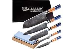 Cassary Set de couteaux de cuisine professionnel en acier damas avec pierre à aiguiser Japonaise. Couteau japonais professionnel (pierre a aiguiser japonaise inclus) idéal pour tout chef (5 set)