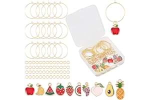 SUNNYCLUE 1 bo?te 20 Ensembles de Breloques pour Verres à Vin de Fruits Marqueurs de Boissons Alliage émail Poire Raisin Pendentifs Bagues à Breloques en Laiton Anneaux de Saut pour Les Faveurs