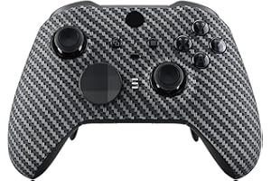 eXtremeRate Coque Avant de Remplacement avec Anneaux de Joystick pour Xbox One Elite Série 2/Elite 2 Core Manette Modèle 1797-Fibre Noir et Argenté Tissé