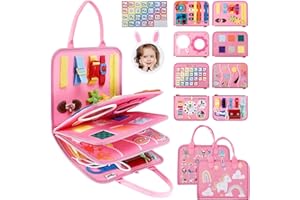 JHkim Busy Board for Toddlers, Montessori Toys for 1 2 3 4 Year Old Boys Girls to Learn Fine Motor Skill, Sensory Travel Toys Gifts, Educational Activities Busy Book for Airplane Car (Pink)