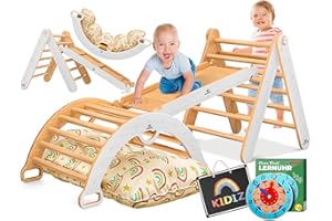 Kidiz® Montessori - Set da gioco 7 in 1 con arco, scivolo da arrampicata, triangolo in legno, con cuscino, lavagna e orologio da apprendimento, parco giochi per interni per bambini a partire da 1 anno