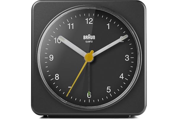 Braun Classic Analogue Alarm Clock with Snooze and Light, Quiet Quartz Sweeping Movement, Crescendo Beep Alarm in Black, model BC03B.