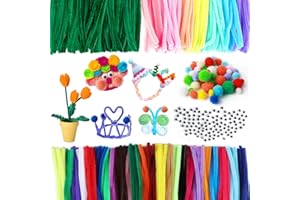 LHOEST 600 Stück Pfeifenreiniger Set, Macaron Farbe Pfeifenputzer Zum Basteln, Pfeifenreiniger Grün Chenilledraht 30cm, 100 Wackelaugen Selbstklebend ＆ 100 Pompons, für DIY Projekte