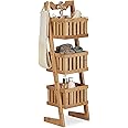 Relaxdays Bamboo Bathroom Shelf, 3 Tiers, Handle, Versatile, Organiser, Compact, Waterproof, Decorative, Natural