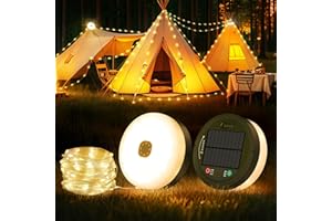 Famgoods Solar Camping Lights, 32.8Ft Solar & USB Retractable Camping String Lights with 8 Lighting Modes, IP65 Waterproof Te