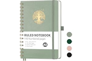 RETTACY A5 Notebook-Spiral College Ruled Notebook Journals for women,140 Numbered Pages Note Pad with 100GSM Premium Paper for Writing,Inner Pocket,Sticky Notes,14.5 x 20.7cm - LightGreen