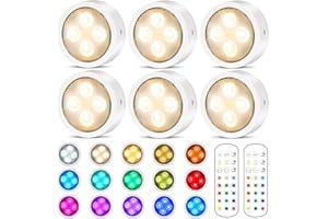 Onumii LED Sans Fil Lampe de placard, Adhesive Spot LED à Pile avec Telecommande Couleur rgb Lumiere pour Armoire (Lot de 6 Blanc)