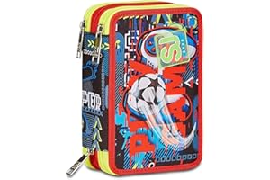 SJ Gang STYLE JAM GANG Astuccio Scuola 3 Zip, Nero, Rosso, FunnyGoal, Portapenne Triplo Scomparto Completo Di Penne, Matite, Colori, Accessori Zaino, Elementari, Medie, Bambino