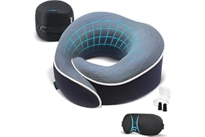 Proglobe Travel Pillow, Memory Foam Neck Pillow Set, Orthopedic Pillow, Travel Essentials for Flying, Kit with 3D Contoured Sleep Mask, Earplugs and Luxury Mesh Bag (Blue)