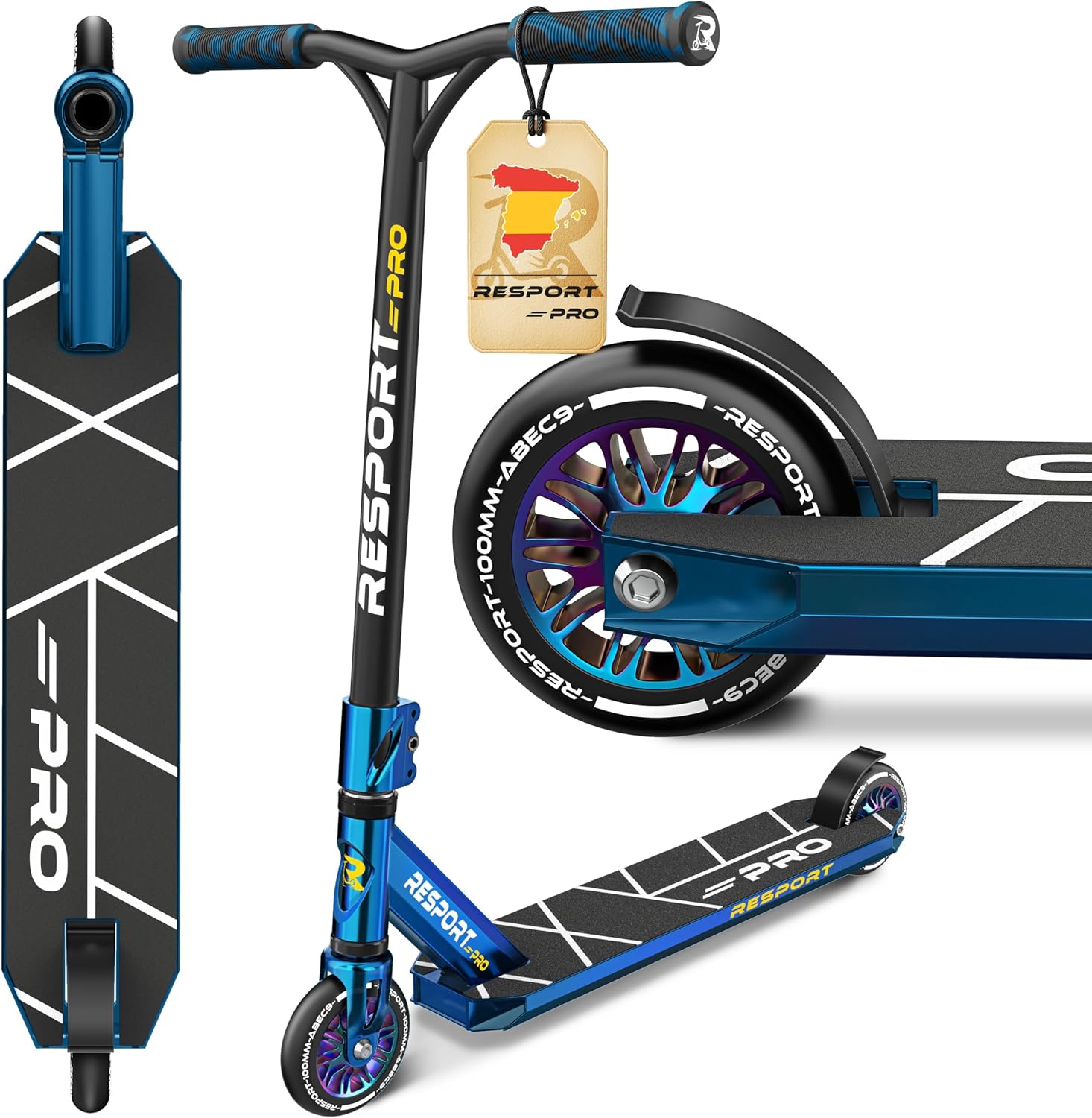 RE:SPORT Patinete de acrobacias Revo Pro para niños y adultos con soporte, patinete profesional de 110 mm, ruedas de poliuretano y barra en Y, patinete de acrobacias, patinete ABEC 9, rodamientos de