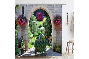 Hykiee Shower Curtain for Garden Outdoor Decoration, 72x72 3D HD Waterproof and Durable Bathroom Curtains with Nature Rustic Garden Arch Scene Picture Doorway Gate Flowers for Fence/Wall Decor (A)