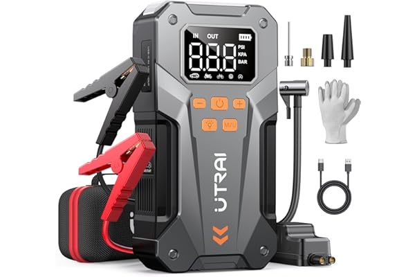 Arrancador de Coches,UTRAI Arrancador de Baterias de Coche con Compresor de Aire/Guantes Aislantes/18W Carga Rápida/Luz LED de 600 lúmenes(para All Gas o 12L Diesel) 6000A 12V Jump Starter