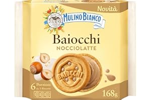 Mulino Bianco Biscotti Baiocchi Nocciolatte, Cialde di Pastafrolla Farcite con Crema alle Nocciole 100% Italiane da Filiera Sostenibile, Snack Ideali per Colazione o Merenda, Senza Olio di Palma, 168g