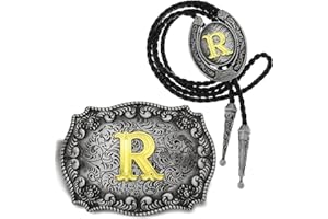 Yjfeshion 2 Pieces Western Cowboy Belt Buckle Bolo Tie Set Golden Initial Letter ABCJ to Z Rodeo Belt Buckles for Women Men