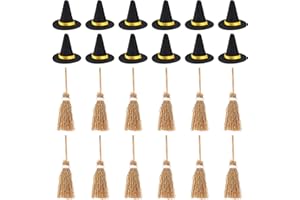 AUGENSTERN 24 PCS Mini Witch Hats and Brooms Decoration Halloween Mini Felt Witch Hat Mini Broom Ornament with White Rope Witch Accessories for DIY Crafts Halloween Party Favors