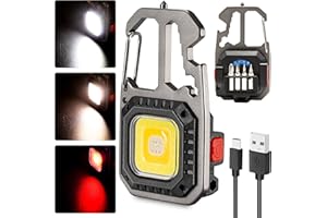 RUGTOL Portachiavi Cob Lampada da lavoro ricaricabile, torcia portachiavi da 1000 lumen Led super luminosa con 7 modalità di illuminazione, mini torce portachiavi con cacciavite apribottiglie per esterno