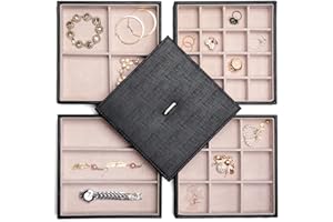 BEWISHOME Schmuckkästchen 4 Ebenen, Schmucktablett Stapelbares mit Deckel, Schmuckaufbewahrung für Schubladen, Schmuckkasten groß, Schmuckbox, Schmuckeinsatz, Geschenkidee, Weihnachten,Schwarz ESSH81B