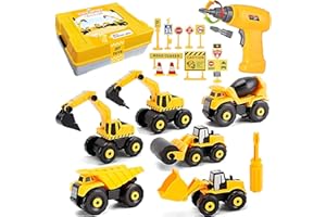 STAY GENT Take Apart Construction Vehicles Toys with Electric Drill, Building Excavator Toy STEM Trucks for Kids with Storage Box, Digger DIY Educational Learning Gifts for Ages 6+ Boys Girls