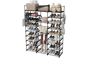 Finew Étagère à Chaussures à 9 Niveaux DIY en métal 50-55 Paires de Rangement de Chaussures avec Crochets pour Salon, Dressing et Couloir - Noir