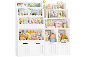 FOREHILL Libreria Montessoriana per Bambini, Porta Giochi Bambini a 4 Cassetti con Ruote Girevoli a 360°, Mobile Porta Giochi con Libreria a 3 Ripiani, 5 Scomparti Aperti, 125.5x40x120 cm (Bianco)