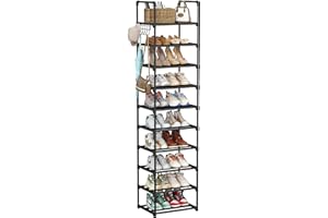 SPUSEN Shoe Rack, 10 Tier Shoe Storage Organizer with Hooks,Fit 20-25 Pairs Shoes,Metal Tall Shoe Shelf for Closet,Entryway,Garage,Bedroom,Cloakroom