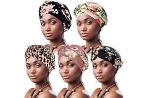 DRESHOW 5 Stücke Afrikanischer Damen Turban Geflecht Kopfbedeckung Kopftücher Chemo Kappe Vorgebunden Beanie Mütze Kopfwickel Schlafmütze