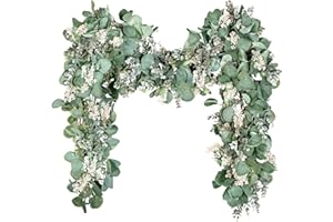 ‎BLUECLOUDY BlueCloudy Eucalyptus Garland Plant 2 m Artificial Green Ivy Leaves Garland with Willow Leaves White Flowers Green Flower Garland Artificial Ivy Sage Green Spring Garland for Spring Wedding Decoration