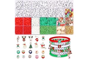 HUGZ 4500 PCS -18 Colors Christmas Clay Beads and Pendant for Bracelet Making Kit - Flat Round Polymer Heishi Beads - Jewellry Making Charms Letter Elastic Strings That Makes Your Day! (Modern)