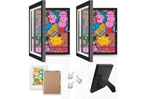 Krobby - Cuadro Portadibujos Infantil - Marco Dibujos niños A4 - Apertura y Cierre Magnético - Capacidad 150 Láminas - Diseño Negro (21 x 29,7 cm) - Pack de 2 Cuadros Infantiles