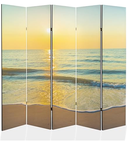 LUMASOUL Paravent Tweezijdig Roomdivider met 5 Panelen - Kamerverdeler voor Binnen - Scheidingswand en Vouwscherm - Strand Motief - 225x172 cm
