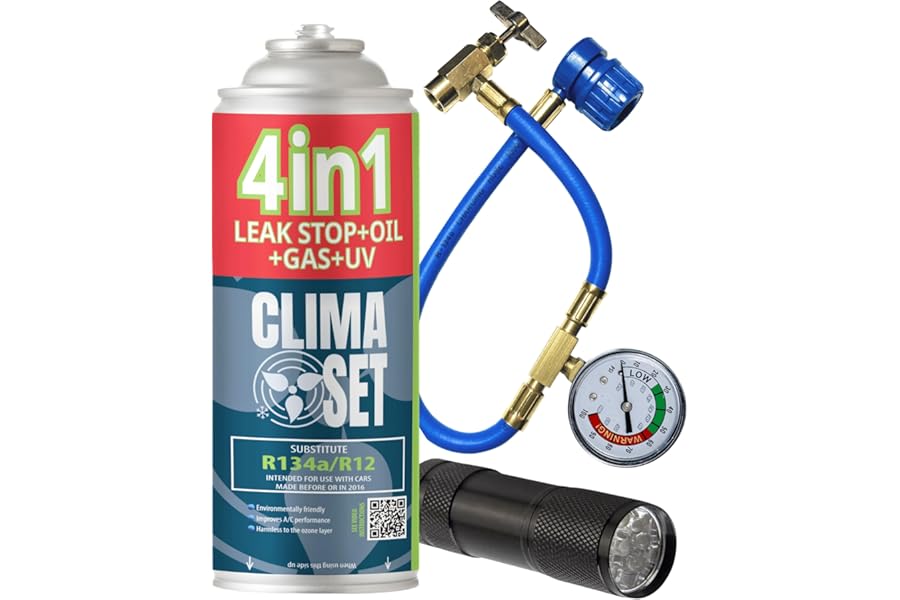 CLIMASET - Full KIT AC R134a 4in1, Gas Replacement, For cars 1994-2016 - Air conditioning solution, Standalone application - Complete set - Sealant, UV Colorant, Refrigerant - with Cable and UV Lamp