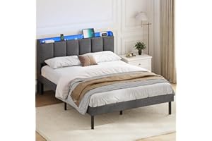 ‎AOGLLATI AOGLLATI Polsterbett 140 x 200 cm, Bettrahmen mit LED-Beleuchtung und Ladestation, Bettgestell mit Lattenrost, Jugendbett, Doppelbett mit Kopfteil aus Leinenstoff, Dunkelgrau (140x200 cm)