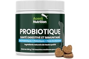 ACEVIT NUTRITION Probiotiques pour Chiens 150 bouchées, 100% Naturel + Prébiotiques et Fibres, Flore Intestinale et Digestion – Diarrhée, Gaz, Vomissements – Soutien Immunitaire, Prévient Maladies, Formule Vétérinaire