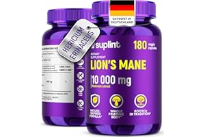 ‎SUPLINT Lions Mane Kapseln 10000 mg – 10:1 Löwenmähne Pilz Extrakt (Hericium Erinaceus) – Ohne Gentechnik & Natürlich (180 kapseln)