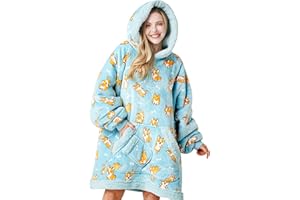 Giggling Getup Przenośna bluza z kapturem – bardzo duża flanelowa bluza polarowa Sherpa dla dorosłych, dzieci, kobiet i mężczyzn, Niebieski Corgi, Erwachsener