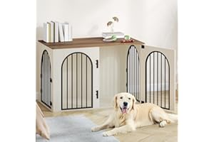 Hzuaneri 108 cm Gabbia per Cani, Tavolo Supplemento, Cuccia Moderna per Cani Interno, Kennel Cane Medio, Casetta per Animali, 3 porte, Porta ad arco, 64 x 108 x 76 cm, Bianco e Marrone DFC86014B