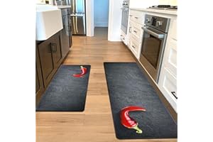 Alishomtll Kitchen Mats Sets, 2 Piece PVC Kitchen Rugs, Waterproof Non-slip Anti-Fatigue Stain-Resistant Chili Kitchen Runner Washable Standing Mats for Home Office 44x75+44x120cm