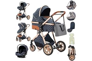 Zkiprm Passeggino 3 in 1, Trio Passeggino Neonati Con Seggiolino Auto e Cestino Per Dormire, Passeggino Leggero Che Si Ripiega Premendo un Pulsante, Passeggino Combinato Con Telaio Alto in Alluminio