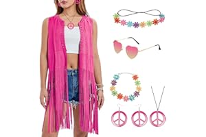 Matreeglam Hippie Kostüm Set Damen mit rosa Fransen ärmellos lange Weste Kleidung, 60er 70er Jahre Hippie Accessoires, Fransenwest, Sonnenbrille, Stirnband, Faschingskostüm für Disco Halloween