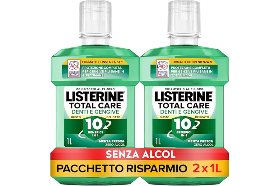 LISTERINE Tooth & Gums Gentle Taste Mouthwash 0% Alcohol Fresh Mint Flavoured Mouthwash Alcohol Free Mouthwash with 10 Benefits in 1 Pack of 2 x 1L - Amazon Exclusive
