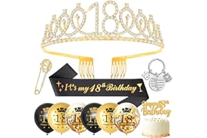SWPEED 18th Birthday Gifts for Girls,18th Birthday Decorations 18th Birthday Sash and Tiara,18th Tiara Rhinestone Crown,18th Birthday Sash,Black Gold 18. Balloons,Cake Topper,Keyring for Happy 18 Party Favor