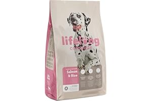 Amazon-Marke: Lifelong - Hundefutter für ausgewachsene Hunde (Adult) aller Rassen, Fein zubereitetes Trockenfutter mit Lachs und Reis, 15 kg (1er-Pack)