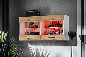 Komodee, Vetrina Savona - Armadio in vetro, Bianco/Wotan, larghezza 100 cm x altezza 50 cm x profondità 30 cm, LED RGB, 2 ripiani in vetro, 2 ante per soggiorno, cucina