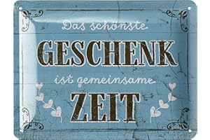 LANOLU Retro Blechschilder DAS SCHÖNSTE GESCHENK IST GEMEINSAME ZEIT vintage Metallschilder mit Sprüchen als Wanddeko für Küche und Garten - Shabby Chic Deko Farmhouse Holz Optik 15x20cm