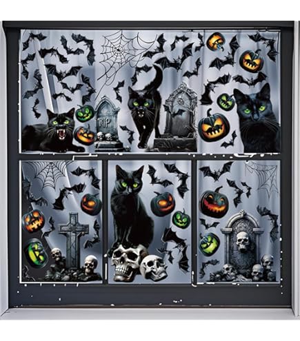 Penitue 6pcs Fhalloween Fenêtre Autocollant, 30x20cm Stickers Fenêtre Avec Motif Fantôme Chat Noir Et Chauve-Souris Pour Décoration Intérieure Et Extérieure De Fête D'Halloween