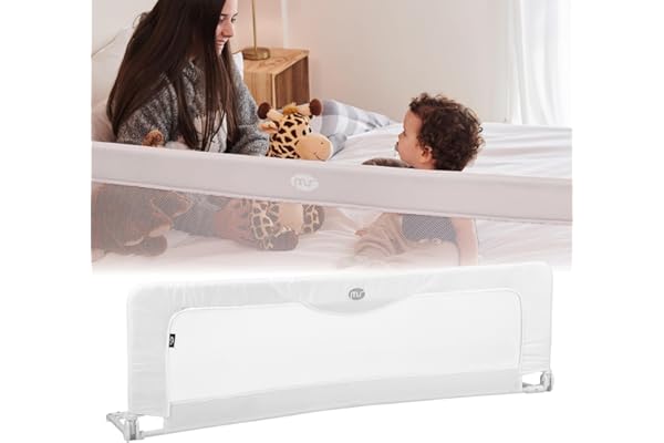 ms Baby World - Barrière de sécurité Portable pour Enfants | barrière de lit de Voyage | Pliable et Portable | Fixation sécurisée | 150 cm | avec sérigraphie (Blanc)