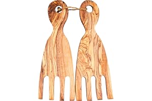 LEVANDEO Posate da insalata in legno d'ulivo, circa 18 x 7 cm, posate da cucina, utensili da portata unici in legno